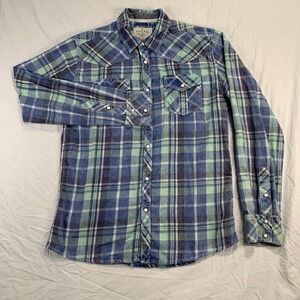 BKE Vintage Washed Athletic Fit Snap Front Shirt Men's M Blue Teal Plaid Soft